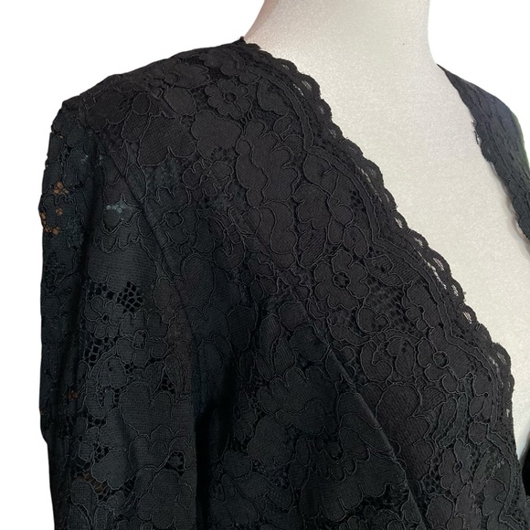 H&M Black Lace Bodycon Deep V-neck Mini Dress Long Sleeves (Size 14) - Picture 4 of 16